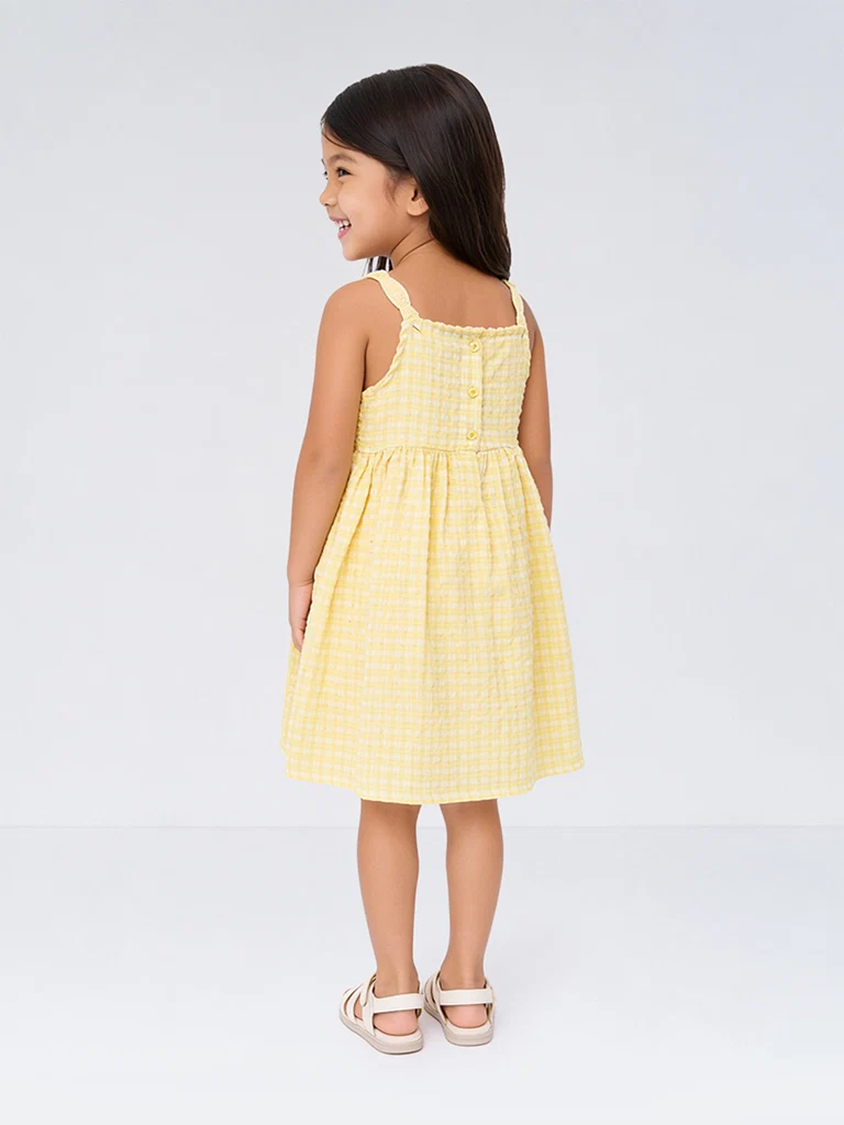 Kids Girls Yellow Checkered Cotton A-Line Dress